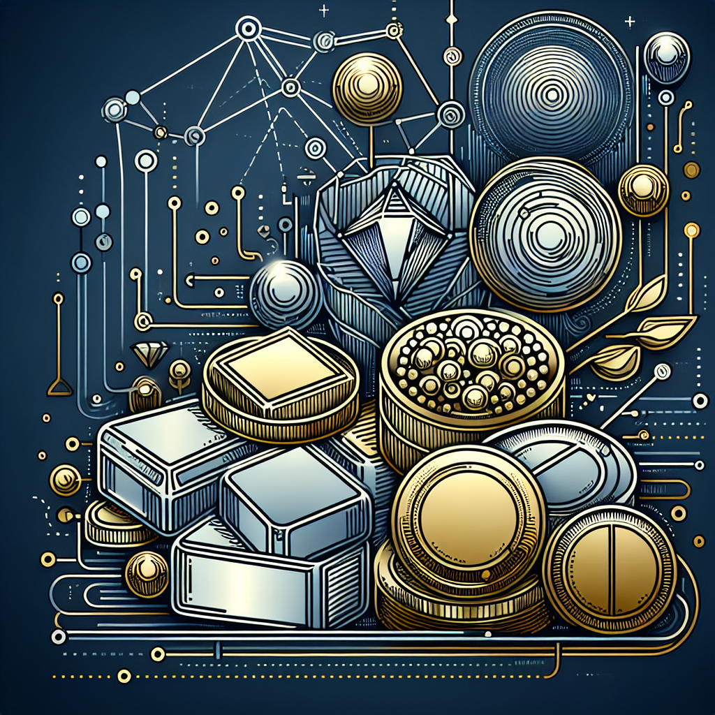 A metallic-themed line art illustration depicting the concept of diversified algorithms for precious metals, featuring gold, silver, and platinum symbols, interconnected lines, and abstract shapes representing data flow and strategies.