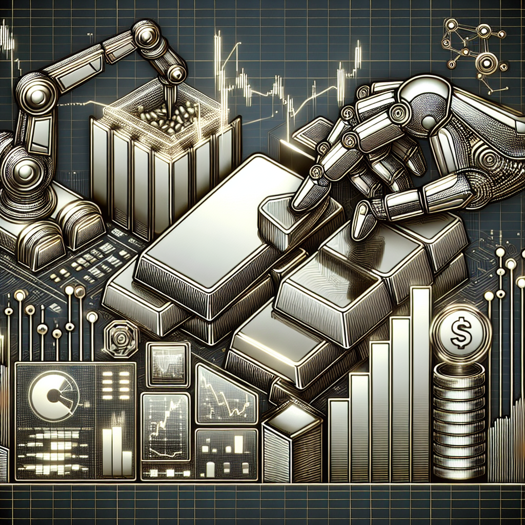 A metallic-themed line art illustration depicting automated trading strategies focused on gold trading, featuring visual elements like trading charts, gold bars, algorithms, and robotic arms in an abstract design.