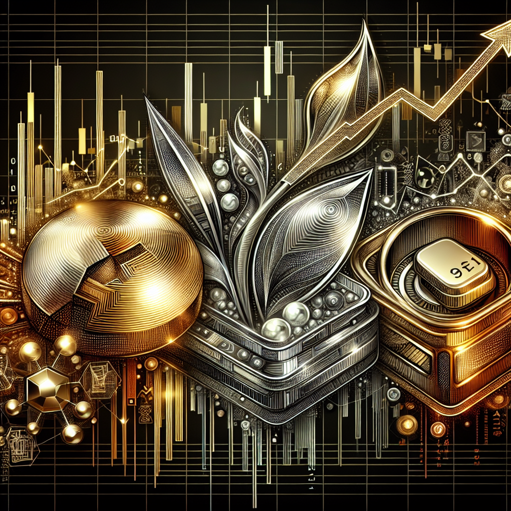 A metallic-themed line art illustration depicting momentum trading strategies with various metals, including gold, silver, and copper. The image features line graphs with upward trends, algorithmic symbols, and visual representations of market analysis.